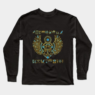 Egyptian Scarab Beetle Gold and blue stained glass Long Sleeve T-Shirt